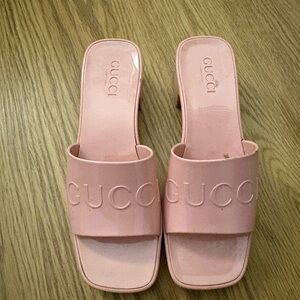 Gucci Blush Pink Slide Mules with Embossed Logo